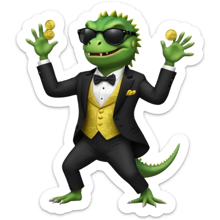 capitalist iguana banker in tuxedo and black sunglasses dancing crazy with coins sticker