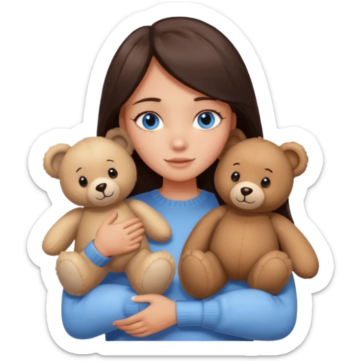 a girl with long dark 
brown hair, with blue eyes, in a
white sweater, hugs 3 different natural coloured sticker