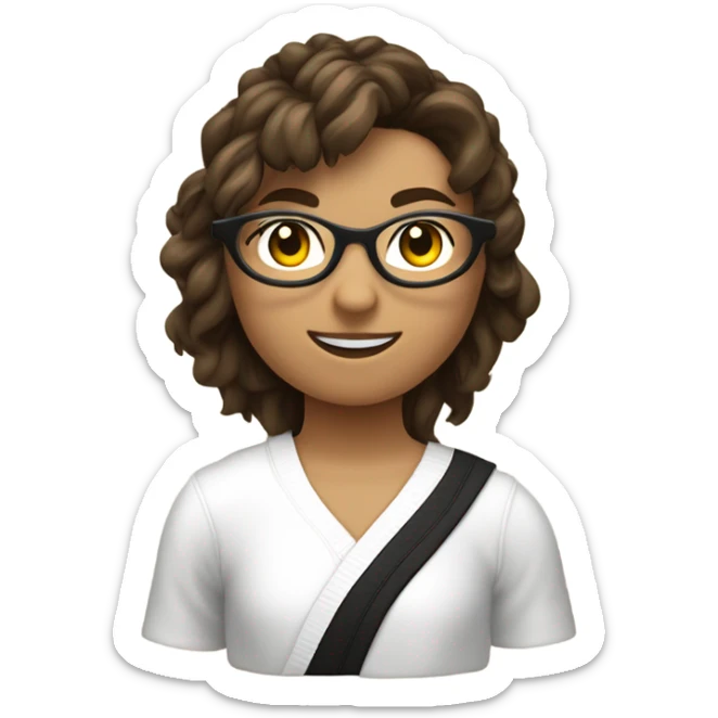 chica adolescente blanca con pelo castaño ondulado y lentes negros delgados medio circulares y cuadrados y cara ovalada, cuerpo delgado, haciendo taekwondo sticker