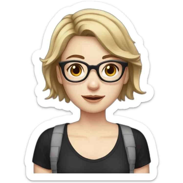 Girl with pale skin, short dark brown hair, glasses, and freckles; wearing a black t-shirt  sticker