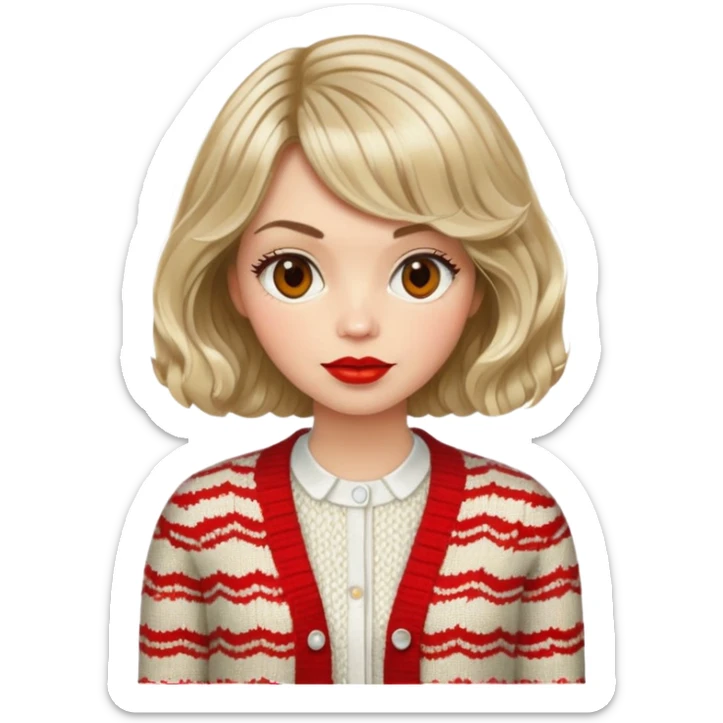 Alluring 1970's French girl french shiny wavy textured bob haircut tousled hair red lips wearing knitted cardigan sticker