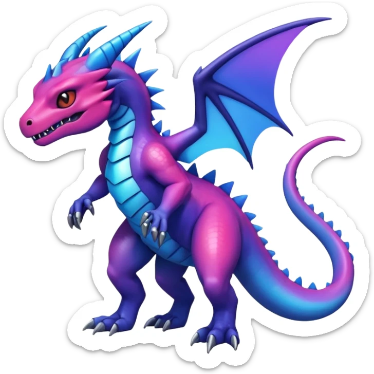 Cute Shiny iridescent cyan indigo blue violet gradients Guilmon-Salandit-Fakémon-hybrid-creature (full body)  sticker