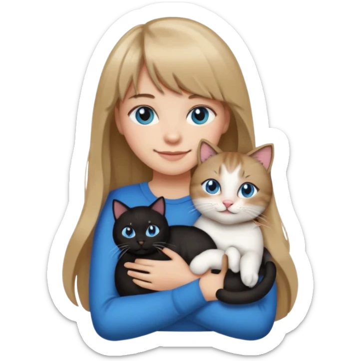 Apple-style emoji sticker of a young woman with long dark blond hair and bangs, blue eyes , holding a black-and-white cat on her chest, both smiling.  sticker