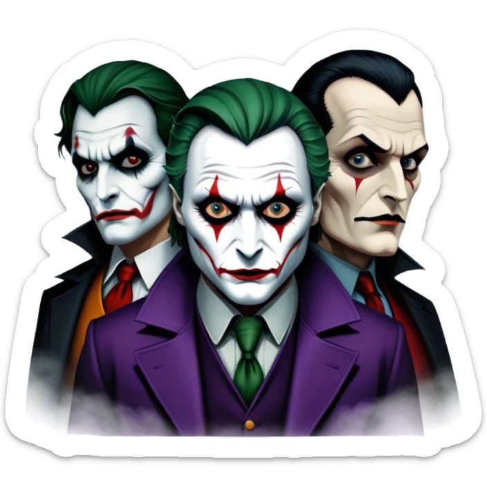 Thriller Movie Icon: A dark, intense collage with close-up images of iconic thriller characters like 1 Joker, 1 Hannibal Lecter, and 1 Vlad Dracula. The background features a moody Gotham City skyline, with shadowy figures and fog. Atmospheric, suspenseful tone. Transparent background. sticker