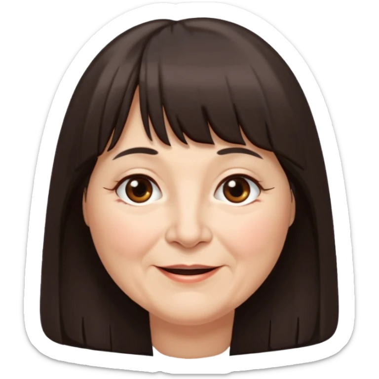 60 yr old woman, long hair down back, very small brown eyes, long hair, straight dark brown hair, bangs, chubby, long face, very tired but happy sticker