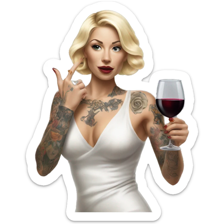 Blonde elegant women, her body covered with tattoos, wine in her one hand, Pointing Forward with her Other Hand , Hyper realistic sticker