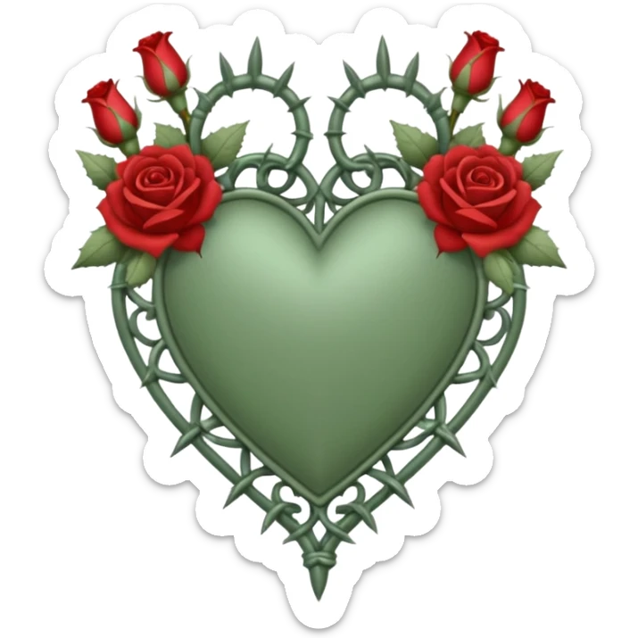 Can you make a sage green heart with a gothic design, I want roses and spikes around the heart. In the middle of the heart the letter I sticker
