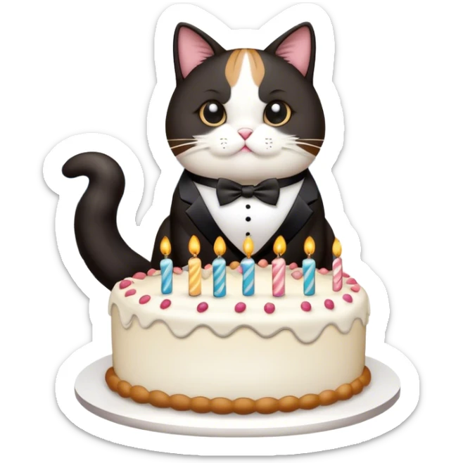 A fat tuxedo cat pooping out a birthday cake with Seoul in the background sticker