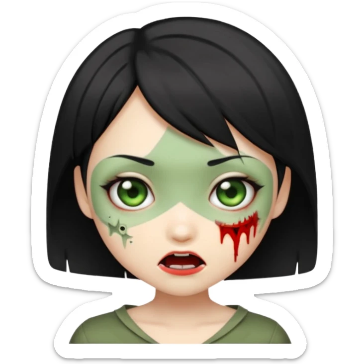 adorable Asian zombie girl emoji, Ada Wong inspired short black hair, greenish skin, cute fangs, wink sticker