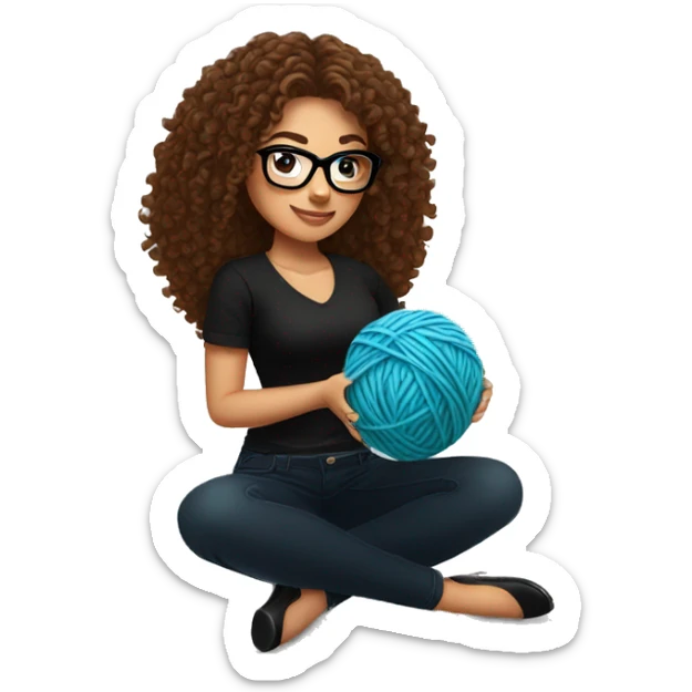 pretty Hispanic woman with long brown curly hair holding one ball of yarn with both arms wearing a black shirt and black glasses sticker