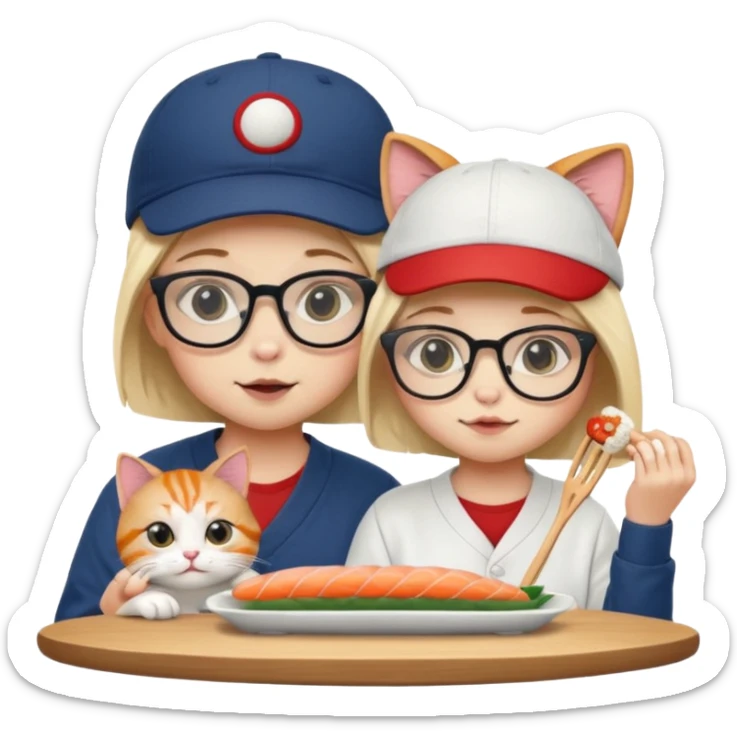 cute girl cat wearing glasses and a cute boy cat wearing a baseball cap eating sushi together sticker