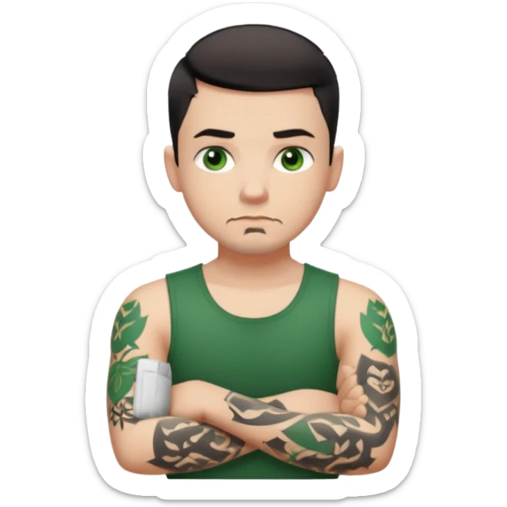 White young man with short black taper fade hair cut and slight goatee and neutral expression with his arms folded. Green eyes and arm tattoos sticker