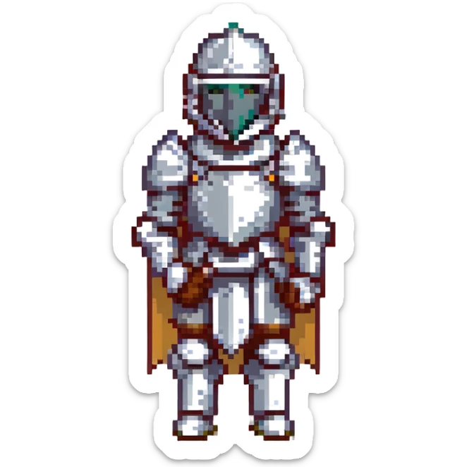 A pixel art knight in armor with a closed helmet, blowing a kiss. The knight's arms and legs are in different positions. The image is portrait-sized and has a clear outline. sticker
