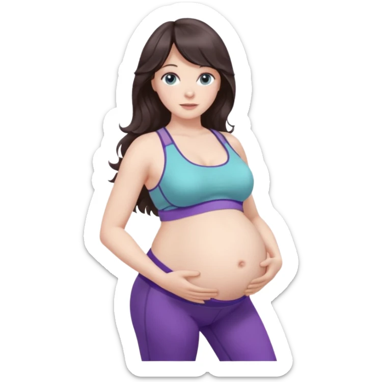 pregnant women, long dark brown wavy hair with curtain bangs, pale skin and grayish aquamarine coloured eyes, showing belly with one hand on the belly, in a purple sports bra and leggings  sticker