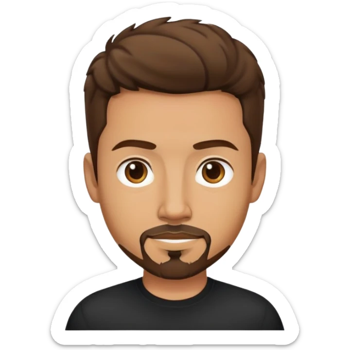 người đàn ông 35 tuổi, da vàng, tóc ngắn nhuộm màu nâu, râu quai nón hơi xoăn nhẹ, áo màu đen sticker
