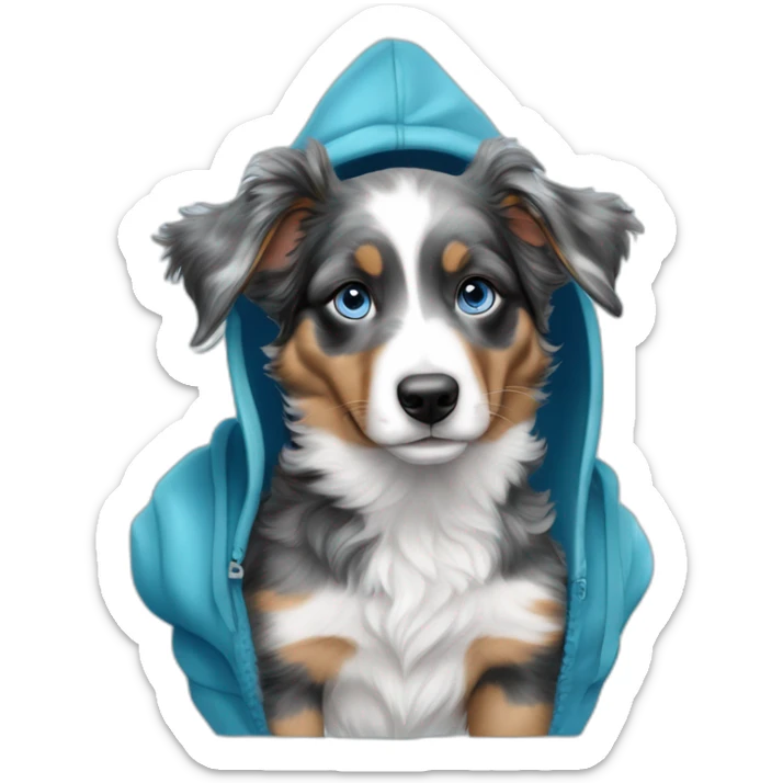 a 5 month old miniature American shepherd puppy, blue merle in color, with blue eyes, wearing a blue hooded sweatshirt and riding a wave sticker