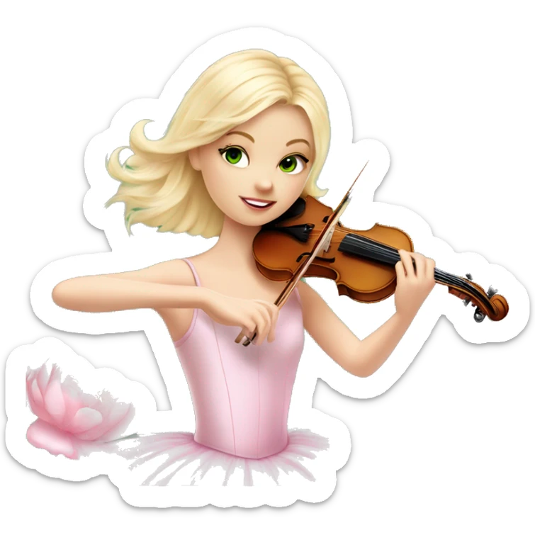 ballet blonde with skin girl with green eyes and soft pastel tutu playing violin with peonies and sparkles realistic coquette sticker