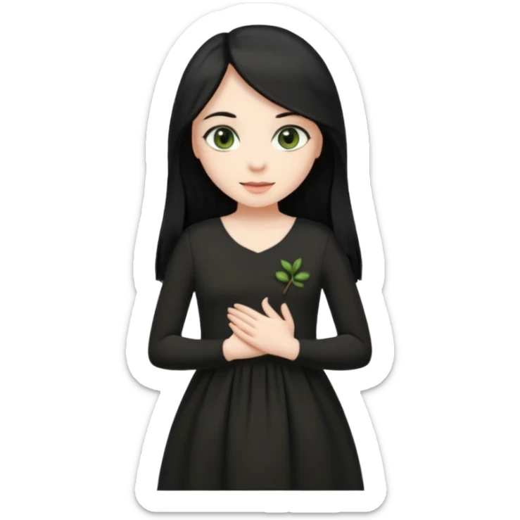 Pale girl with long black hair and olive green eyes soft smile wearing black dress and holding hands over her chest sticker