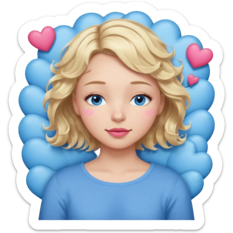 Girl Blonde short wavy hair,  blue eyes, cute blue top, long lashes, pink lips, sleeping eyes closed, hearts floating  sticker