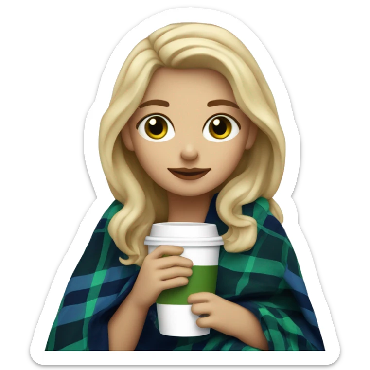 cute dirty blonde girl with green hazel wrapped in dark blue plaid blanket drinking coffeeemoji sticker