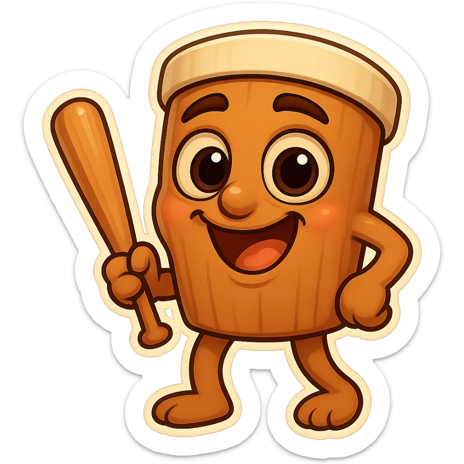 chibi emoji of Tun Tun Suhoor, wooden stick body with smooth brown texture, drum-like cylindrical body, holding baseball bat, cartoon style, bright vivid colors, expressive face, dynamic pose, a bit creepy yet funny,  sticker