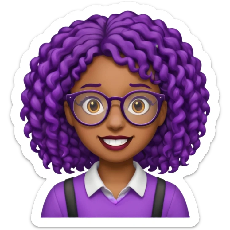 nerd emoji like with glasses showing only her 2 buck teeth but it’s a black girl with purple black curly hair no shoulders sticker