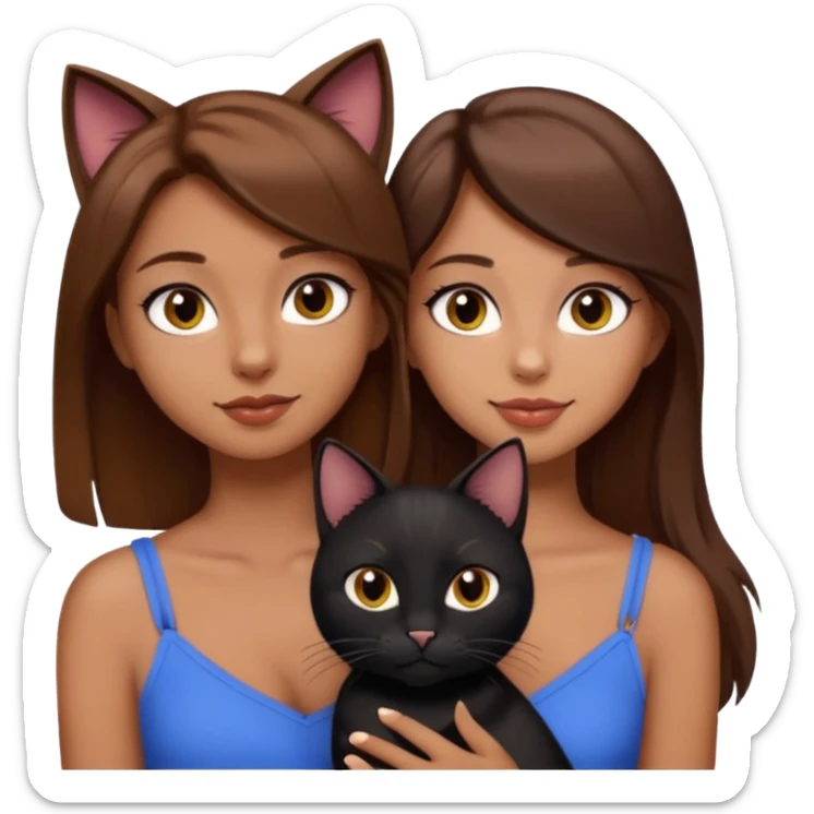 pretty girl with brown hair and makeup with black cat on her shoulder and boyfriend with light skin and brown hair, emoji style sticker