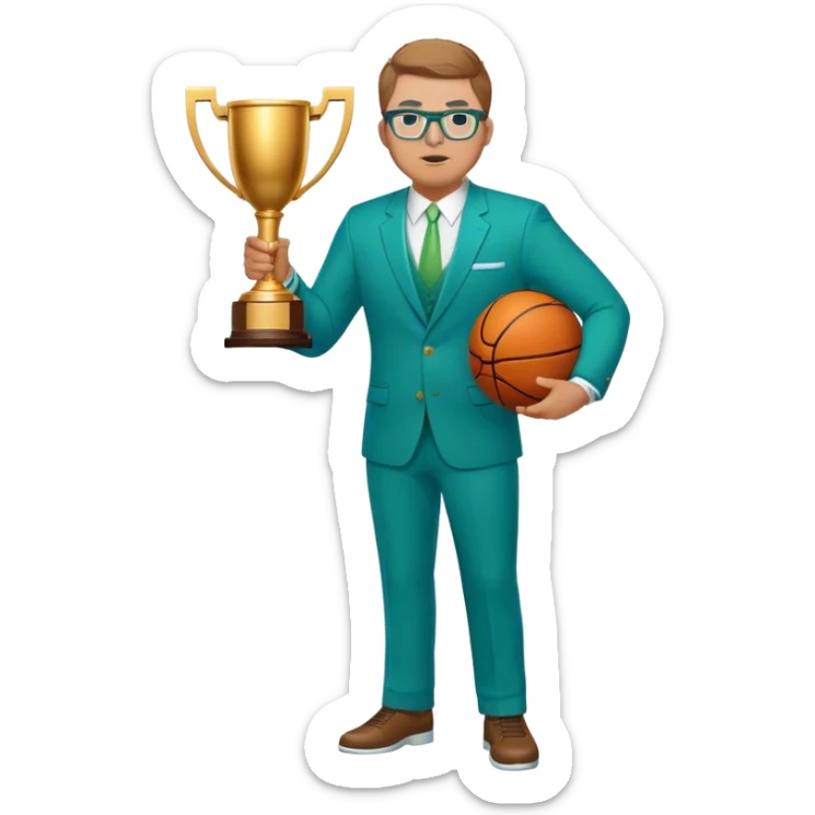 full body plus size white male basketball coach with short light brown  hair color wearing glasses wearing blue and green suit holding a trophy sticker