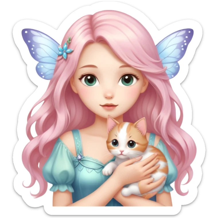 Very dreamy-pretty-fashionable-cute-shiny-ladylike-soft style-kawaii-beautiful-beautiful-hair-fairy style-holding a kitten sticker
