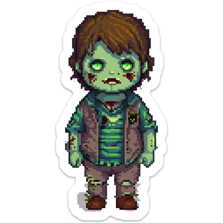 a little chubby teenage boy with brown emo hair, gray-green eyes, zombie sticker