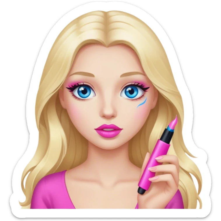 Cinematic realistic blonde with long hair, blue eyes and pink lips with mascara in her hands sticker