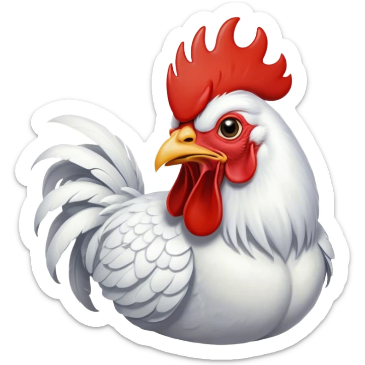 Cinematic Cute Yawning White Rooster Portrait Emoji, Head tilted slightly with a dramatic, wide-open yawn, showcasing a soft, downy white plumage with a crisp red comb and drooping wings, round eyes barely open in drowsy contentment, Simplified yet irresistibly adorable features, highly detailed, glowing with a soft, cozy glow, high shine, relaxed yet expressive, stylized with a touch of whimsy, bright and endearing, soft glowing outline, capturing the essence of a sleepy yet affectionate rooster, so drowsy it feels like it could stretch out of the screen and curl up for a nap! sticker