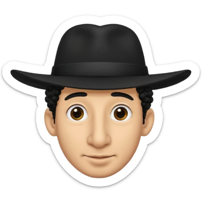 A man with a big nose and a black hat like a top hat but round and all black, with a strand of curly hair coming out from both sides of the hat sticker