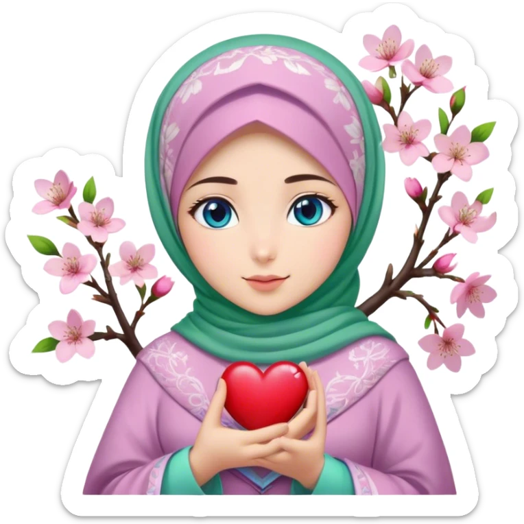 Turkish beautiful finish Konya girl blue eyes with cherry blossom flower lila green design hijab and hold heart in her hand  sticker