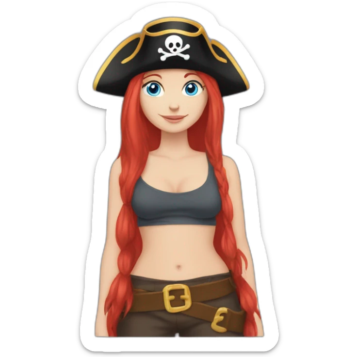 Woman long red platted hair hair only on one side of head, pirate hat. One side of head has no hair. Blue eyes. skull and crossbones t shirt sticker