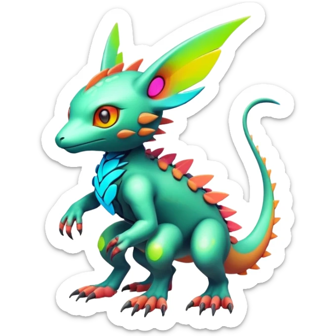 Tropical futuristic lush warm-colored modern colorful neon-colored cyber-Fakémon-Digimon-Trico-creature sticker
