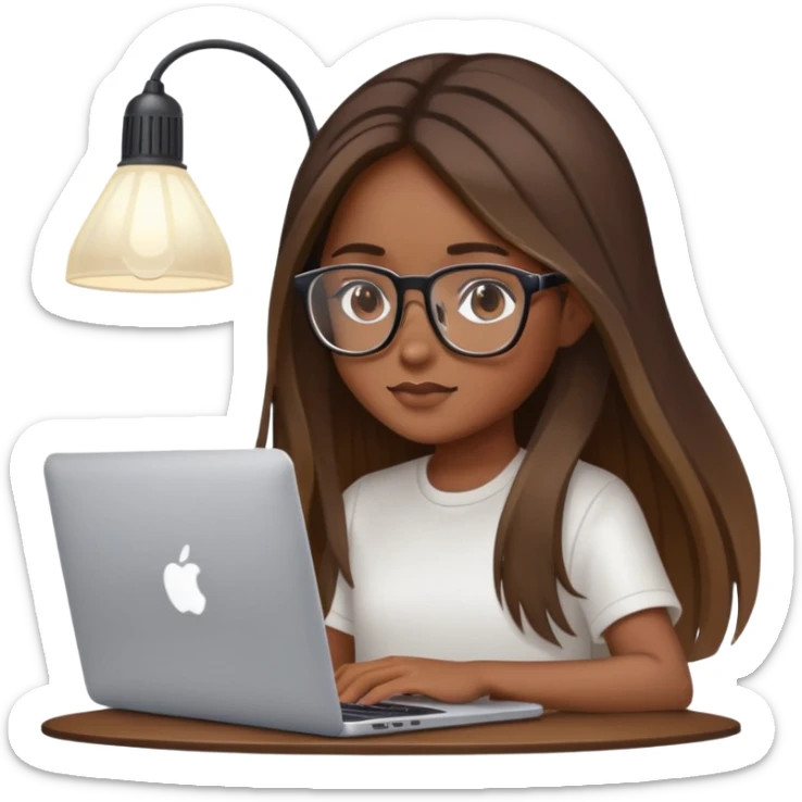 brown balayage straight long hair girl with MacBook with glasses with a smart lamp over her head  sticker