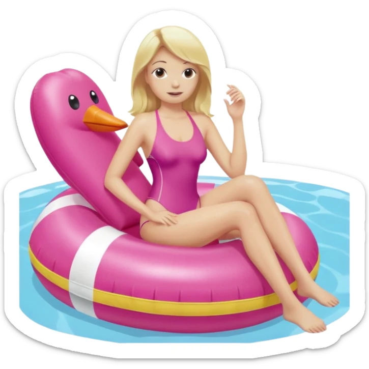 woman with blond hair in pink swimsuit sitting on inflatable buoy in swimming pool sticker