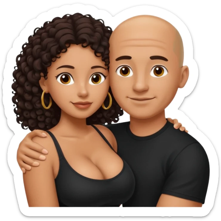 A picture of an embracing tanned couple. the man is a Mexican man with tanned skin, with a bald hair cut, and wearing a black shirt. the woman is mixed, with glasses,  with long curly dark brown hair and with big boobs. Remove the glasses from the guy sticker