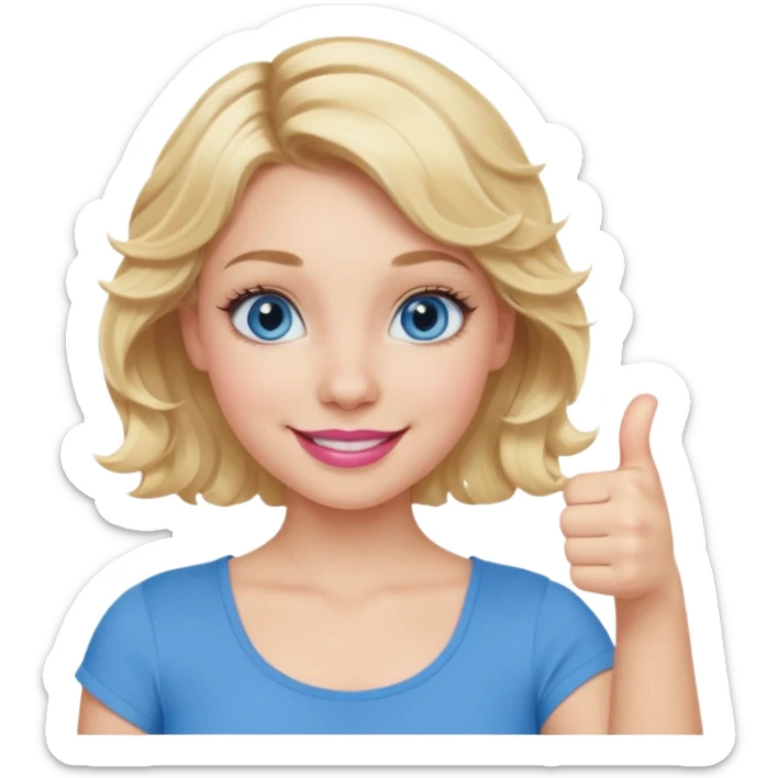 Girl Blonde short wavy hair,  blue eyes, cute blue top, long lashes, pink lips, smiling, thumbs up sticker