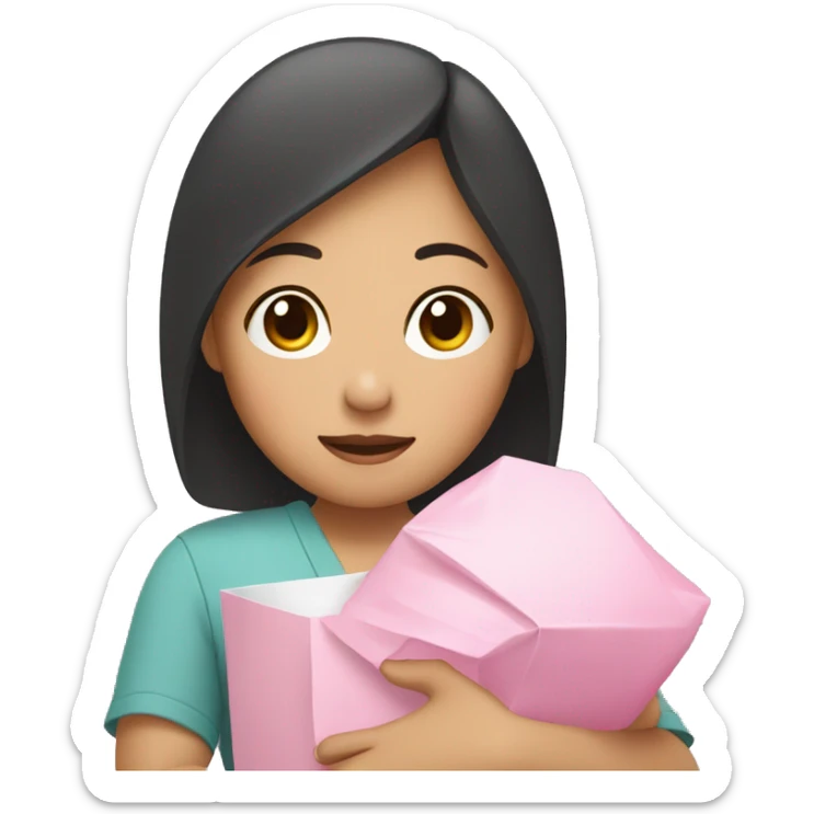 An Asian woman with a baby in her arms, holding a pink package sticker