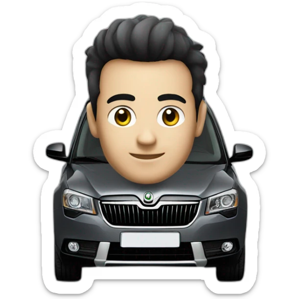 A man with black short hair near the car “Skoda Yeti” in dark grey colour sticker