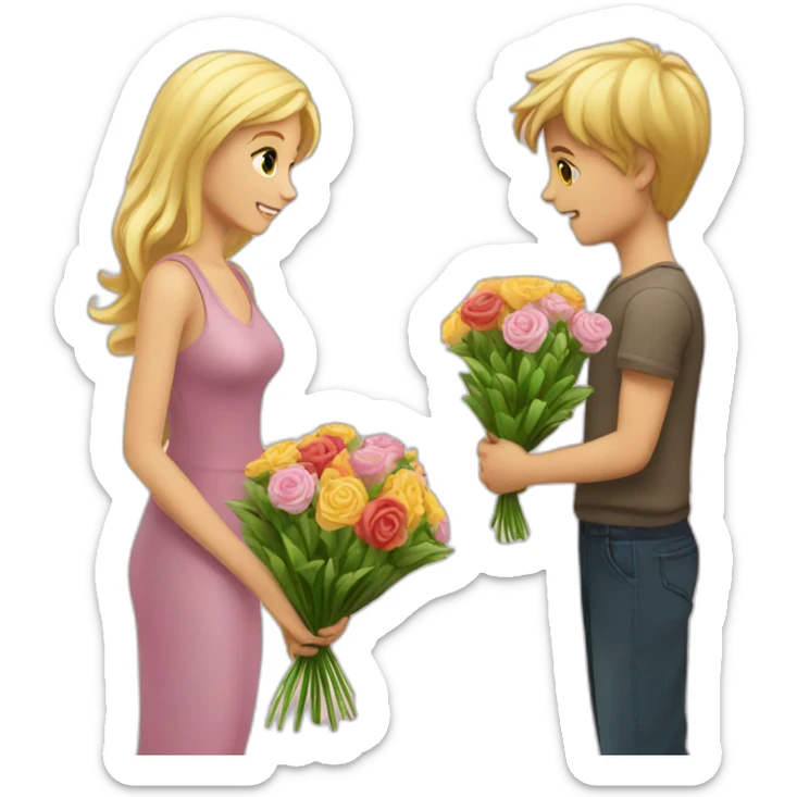A boy who offers a bouquet of flowers to a pretty blonde sticker