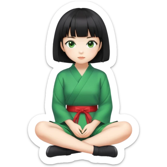 Japanese girl with short black hair and bangs, wearing a Jirai Kei outfit, green eyes, sitting pose sticker