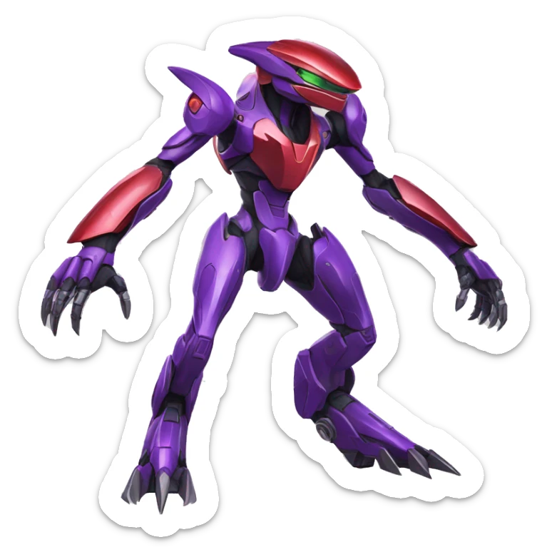 a shiny purple-green-red Genesect-Raptor-Fakémon—hybrid with a futuristic visor-helmet full body sticker