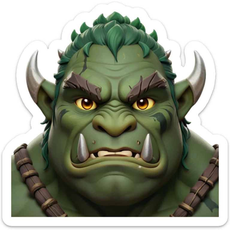 Cinematic Noble Ogre Portrait Emoji, Majestic and imposing, with a rugged, muscular form in deep earthy greens and browns, adorned with battle scars and subtle tribal markings, exuding calm, noble strength and unexpected wisdom, simplified yet strikingly detailed, glowing with a shadowy outline that captures the essence of a gentle giant with fierce heart! sticker