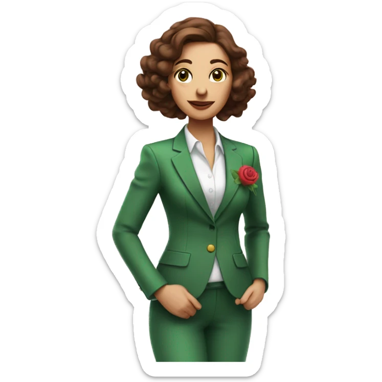 Woman with brown hair in green suit with rose on stomach sprayin perfume sticker