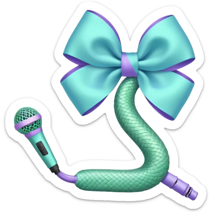 A pastel blue bow with a pastel a pastel green snake at the top of one side and a pastel purple microphone on the bottom of the other side of the bow sticker