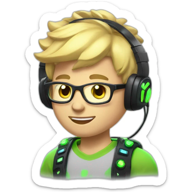 Blonde Short hair Gamer guy with headset and gamepad in hands with neon Lighting sticker