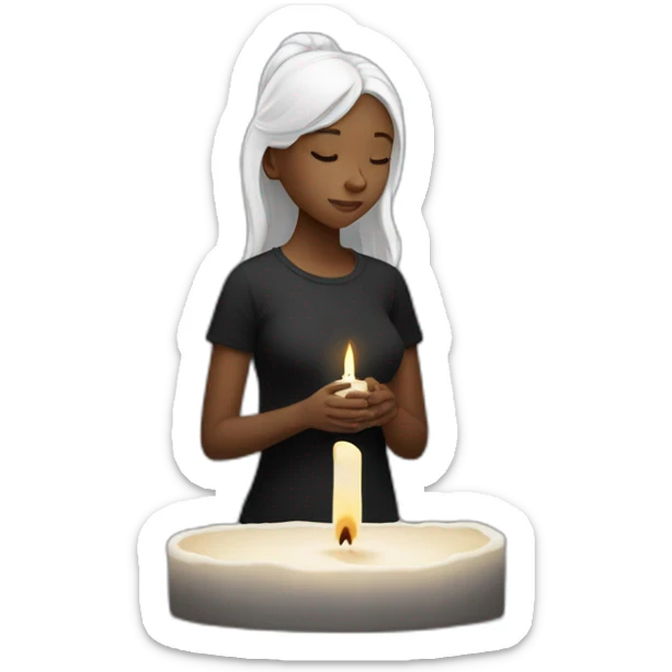 a girl with white skin and black t-shirt prays at a candle in her left  sticker